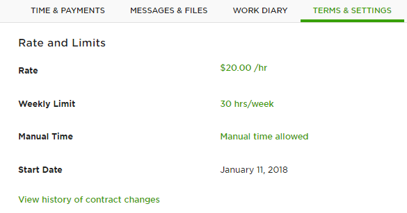 UpWorkの契約内容画面。時給や上限などが確認できる